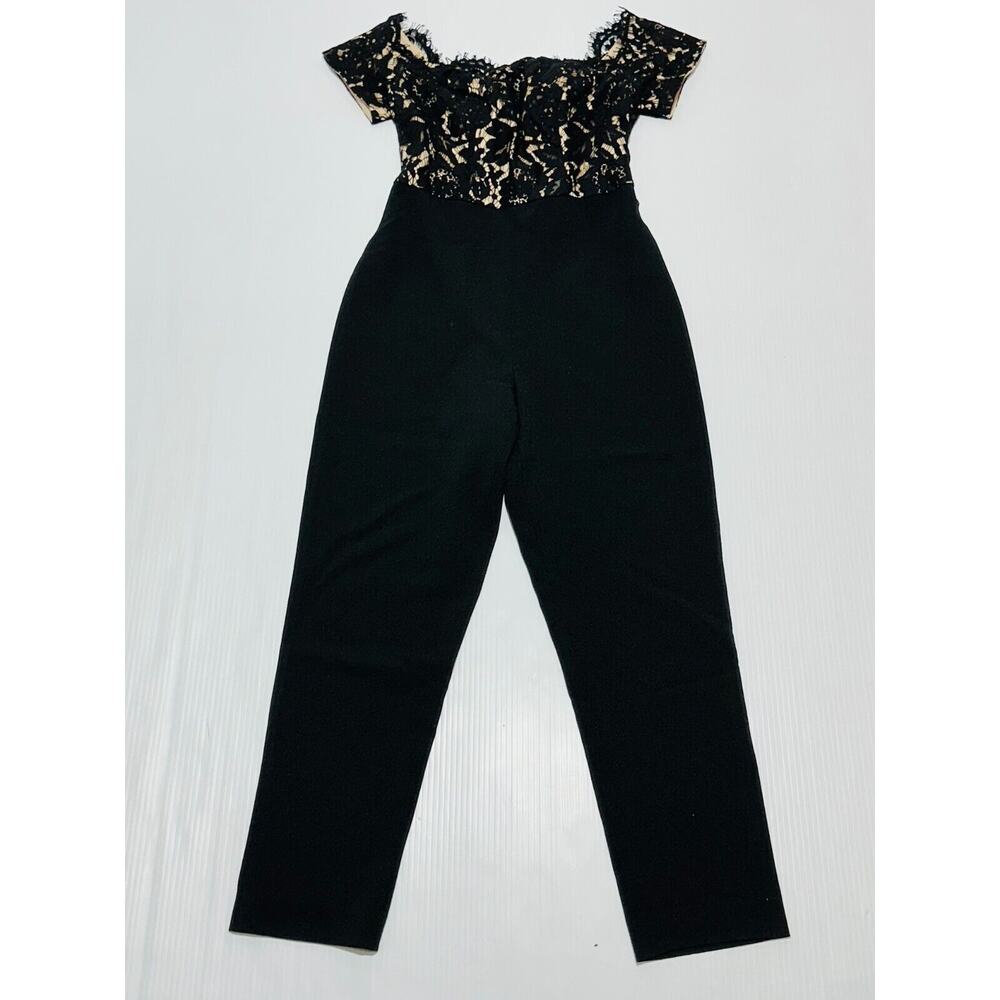Eliza J Lace Bodice Jumpsuit Women's 2P Black Floral Cap Sleeve Off The Shoulder